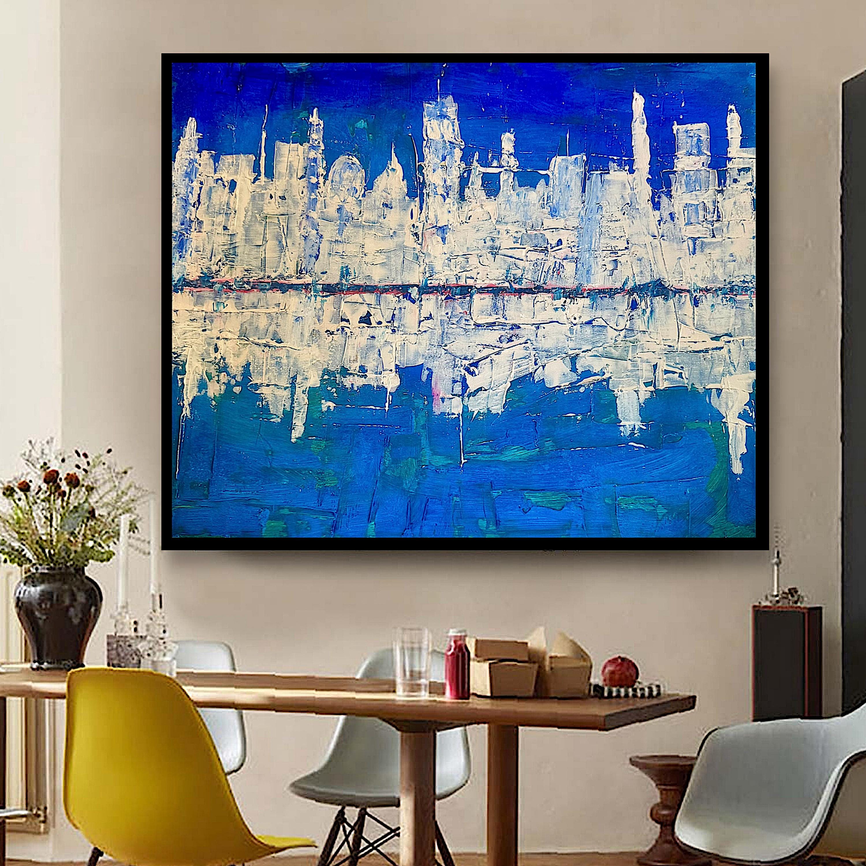 Abstract Cityscape Painting, Textured Palette Knife Acrylic, Skyline Wall Art (22x28 inch)