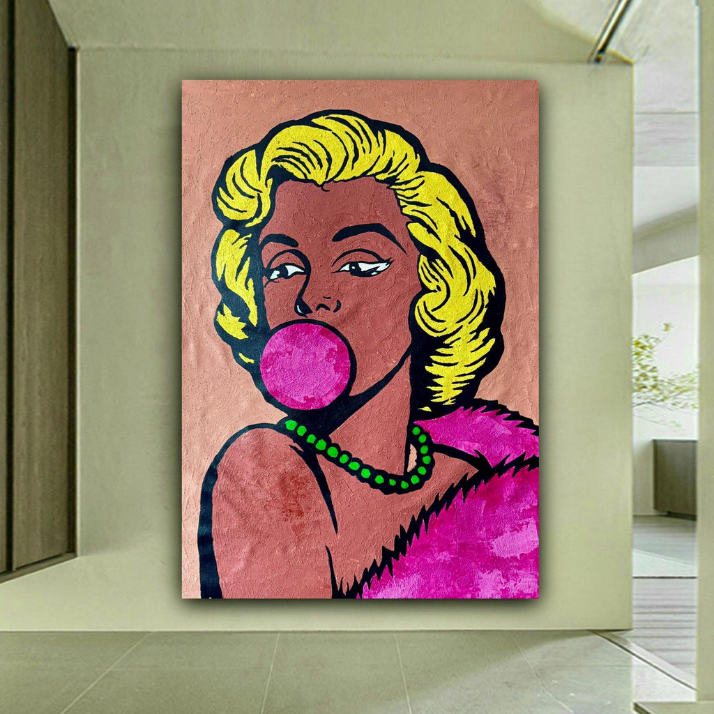 Original Acrylic Pop Art Portrait on Canvas, Expressionist Woman with Bubblegum (24x36 inch)