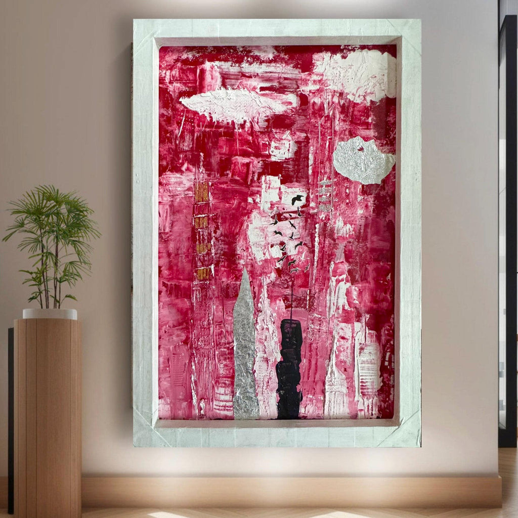 Abstract Manhattan Skyline Painting, Framed Modern Wall Art, Red White Urban Cityscape, Handmade Textured Acrylic Artwork  (21x32 inch)