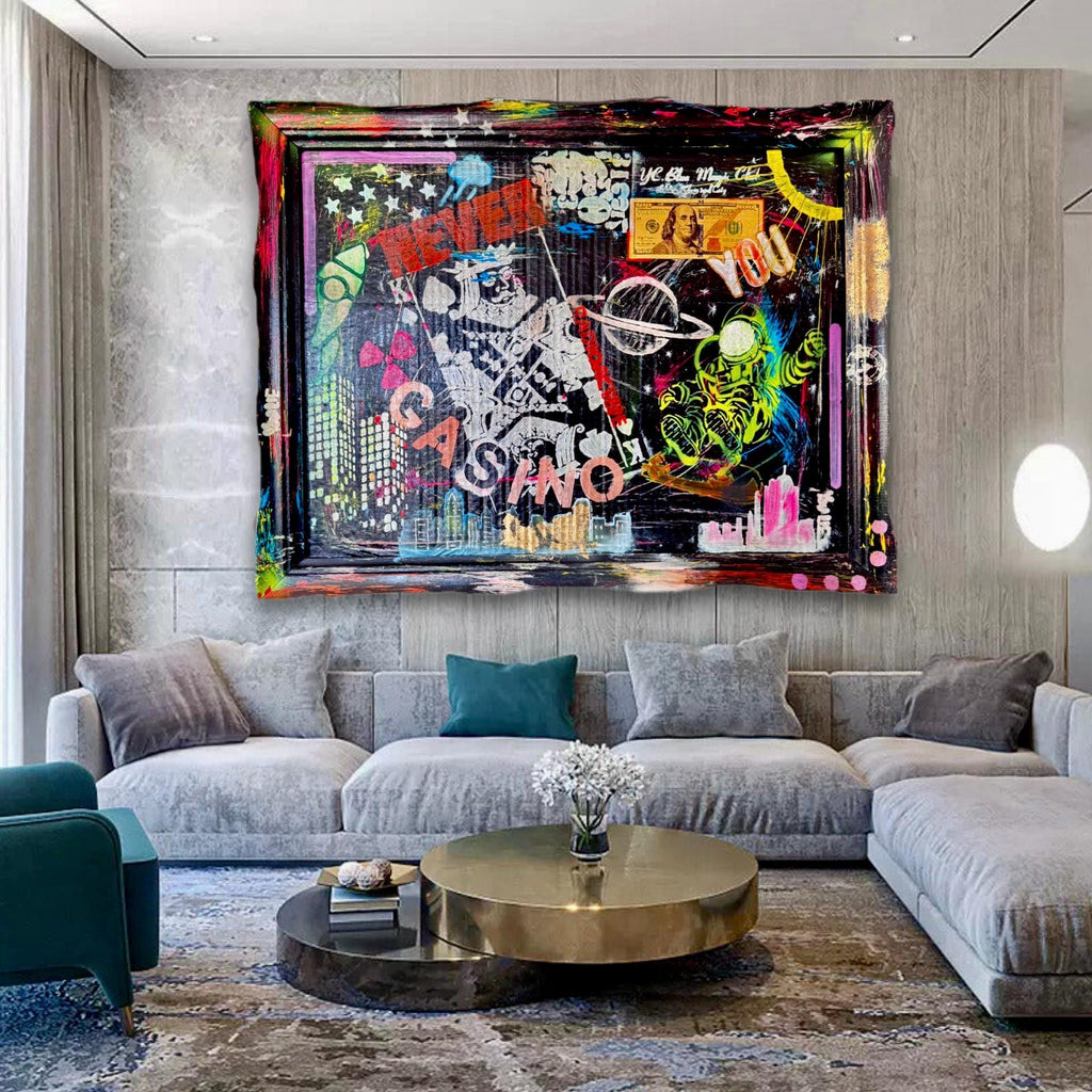 NYC Pop Art Painting: Cosmic Casino, Framed Original Artwork (27x21 inch)