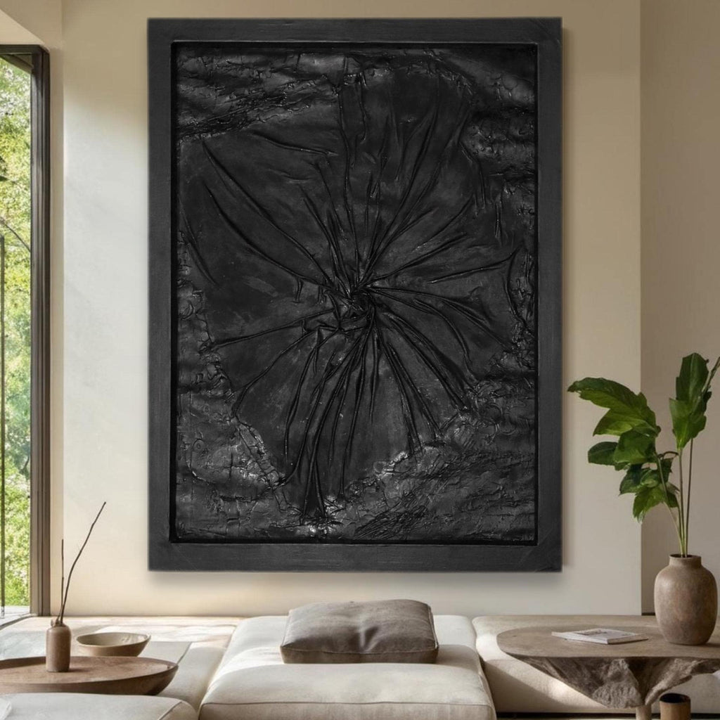 Black Abstract Textured Wall Art, Handmade Modern Art Painting, Dark Minimalist Contemporary Artwork,Framed Statement Piece (24x30 inch)