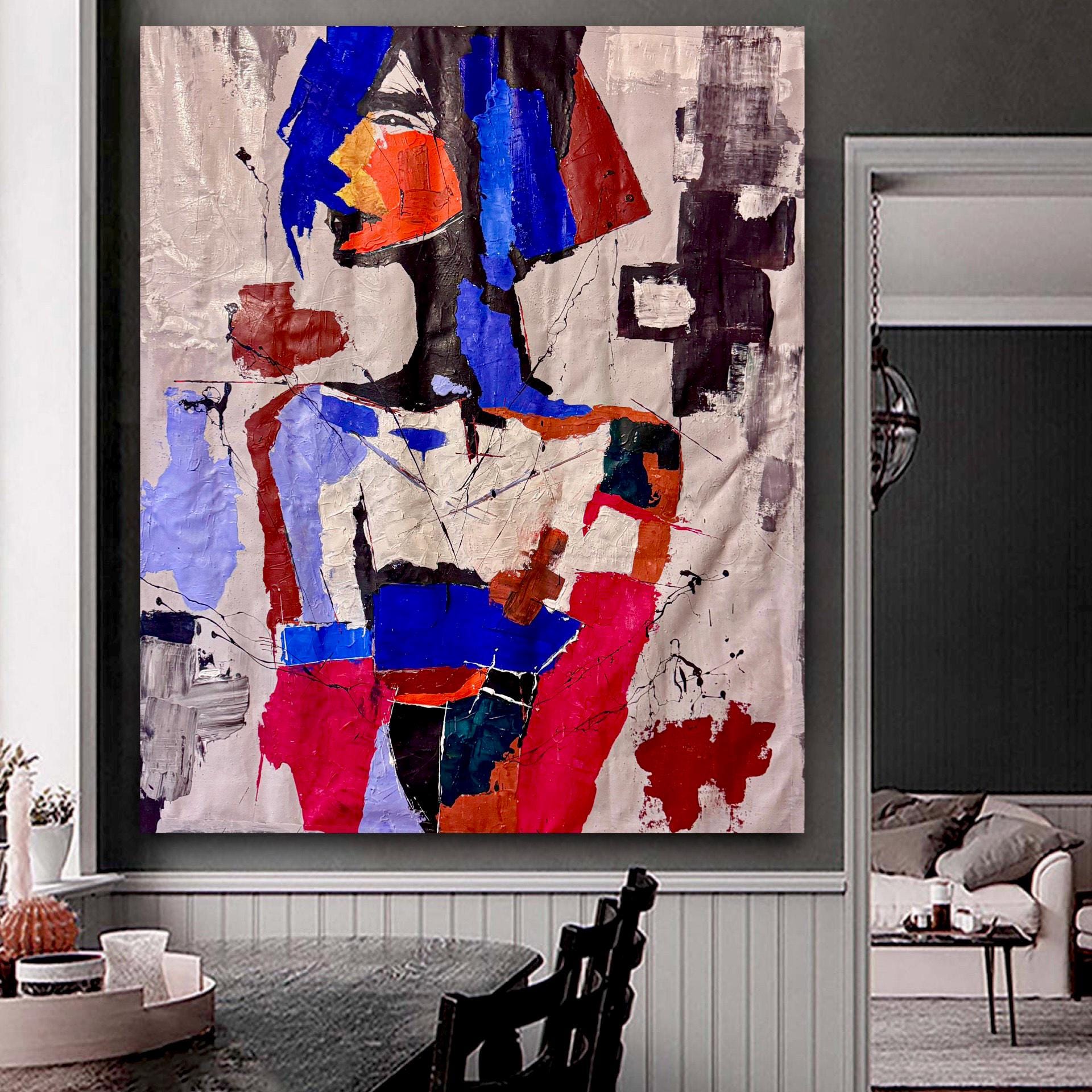 Original Abstract Portrait Painting, Bold Colors, Modern Wall Art (36x43 inch Canvas)