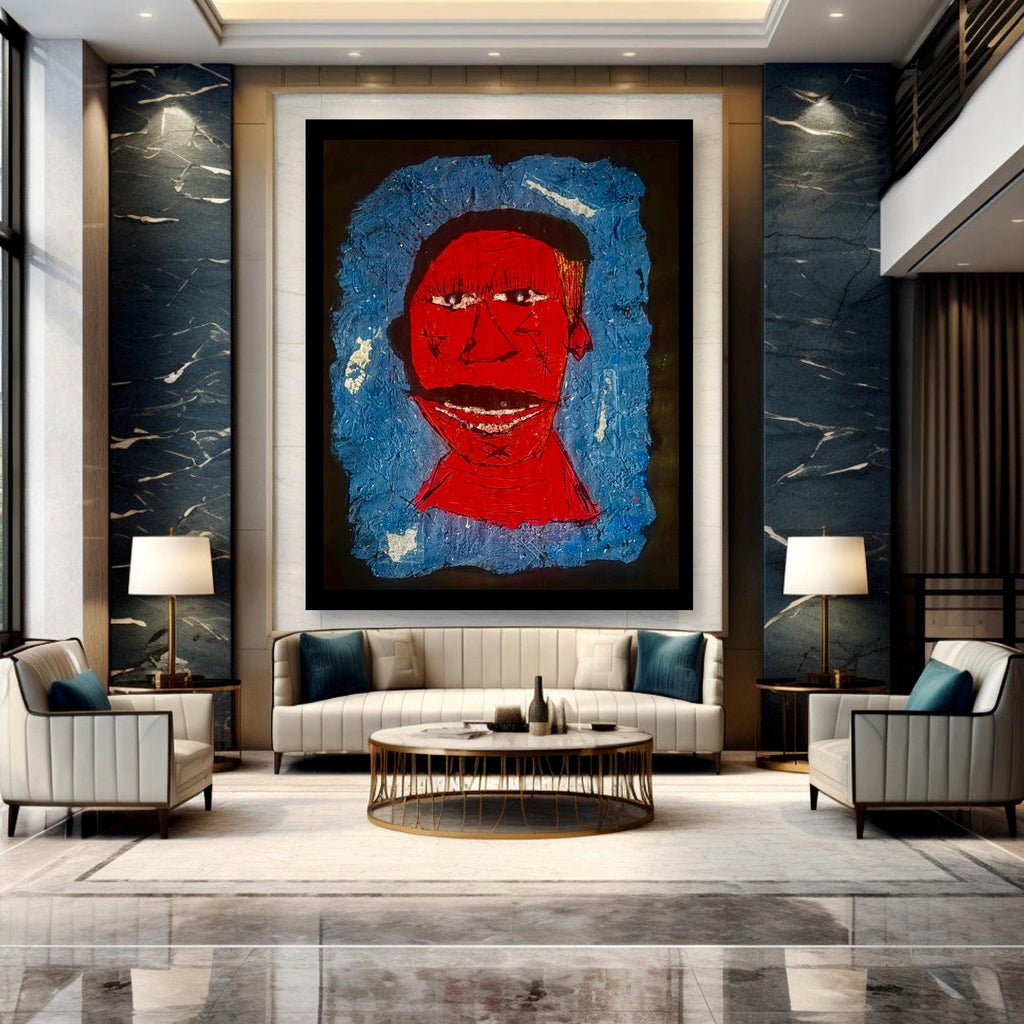 Handmade Abstract Portrait Painting, Red Face Expressionist Art (28x22 inch)