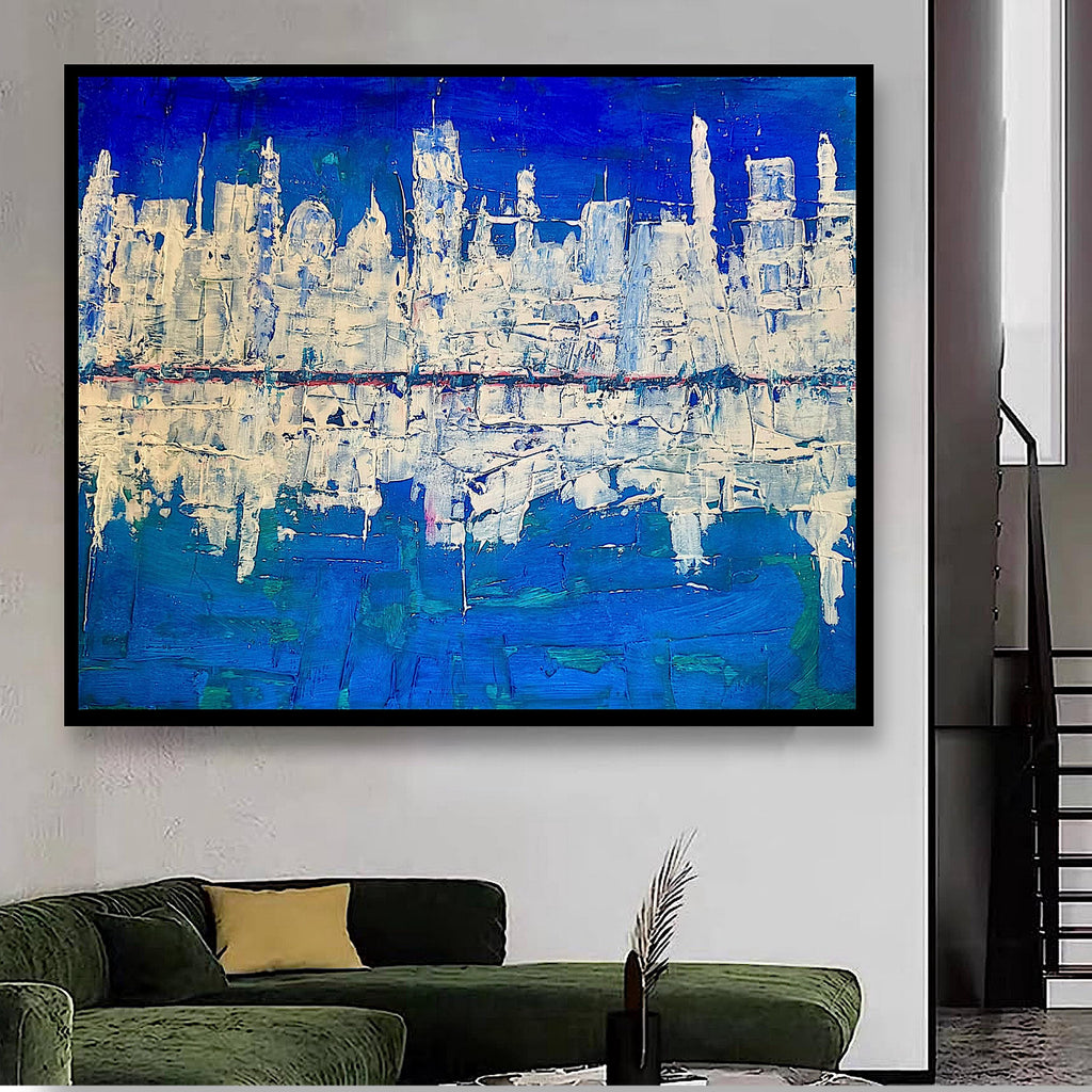 Abstract Cityscape Painting, Textured Palette Knife Acrylic, Skyline Wall Art (22x28 inch)