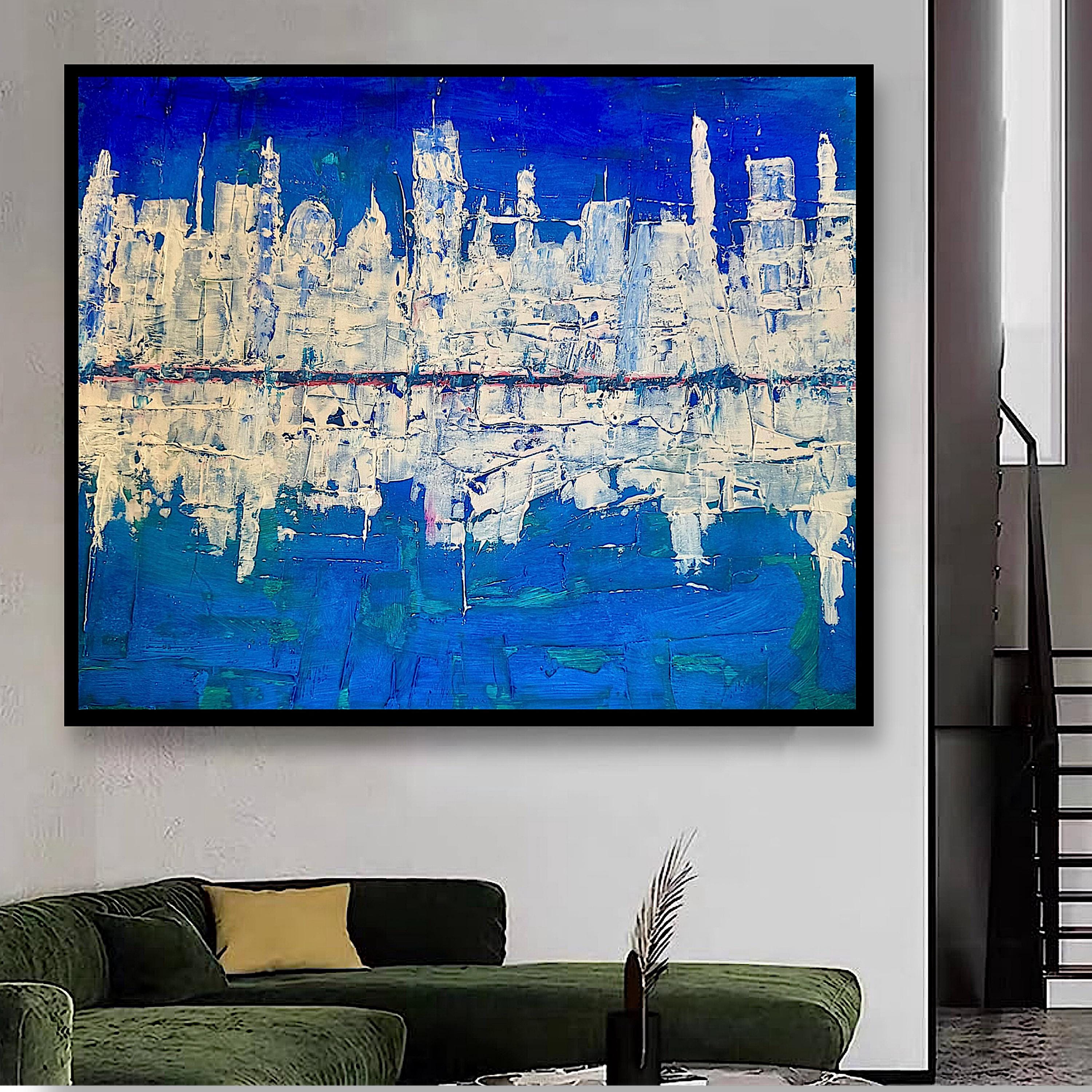 Abstract Cityscape Painting, Textured Palette Knife Acrylic, Skyline Wall Art (22x28 inch)