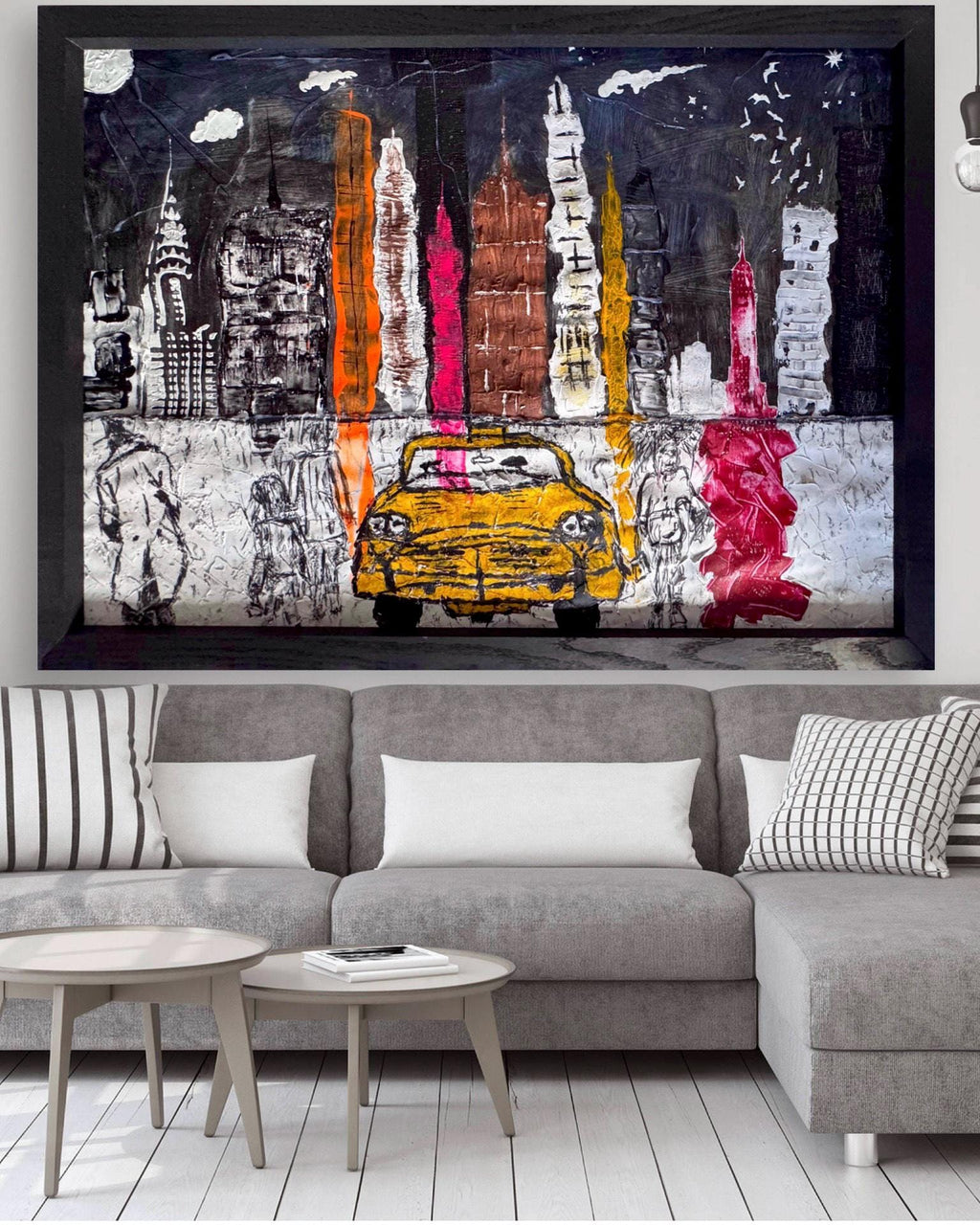 Abstract New York Skyline Art, Manhattan City Painting, Textured Mixed Media Artwork, Framed Contemporary Urban Wall Art (41.5x30 inch)