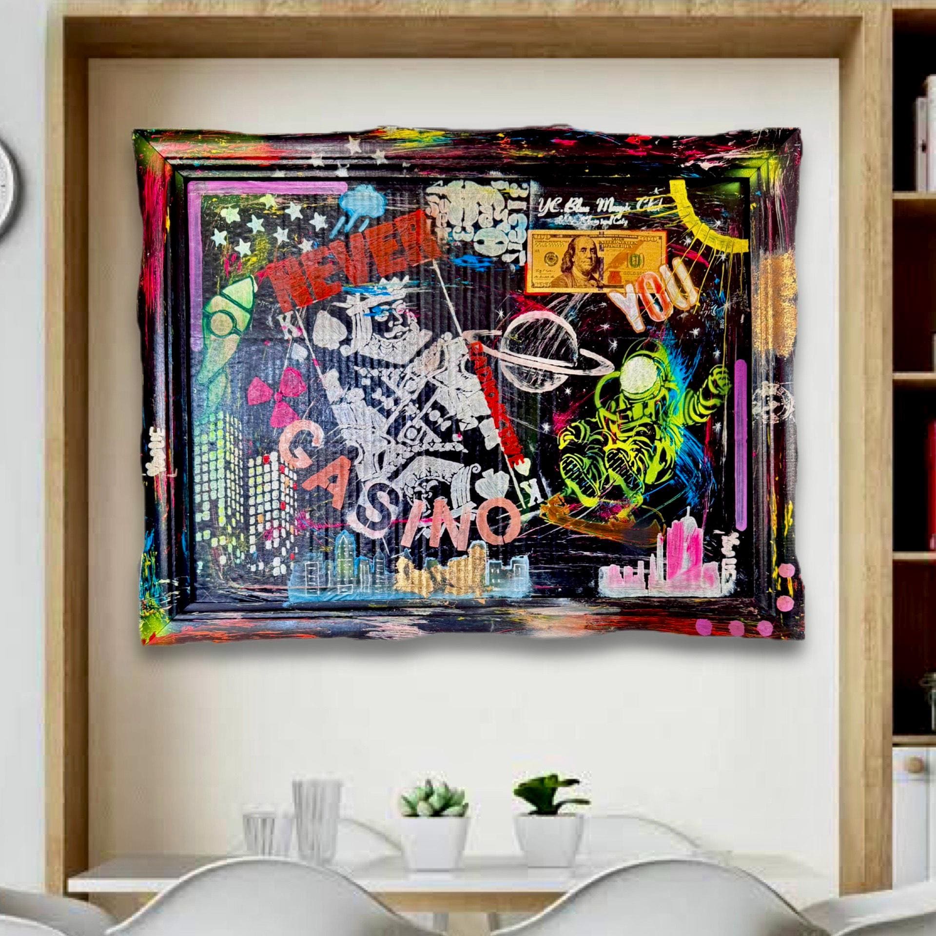 NYC Pop Art Painting: Cosmic Casino, Framed Original Artwork (27x21 inch)