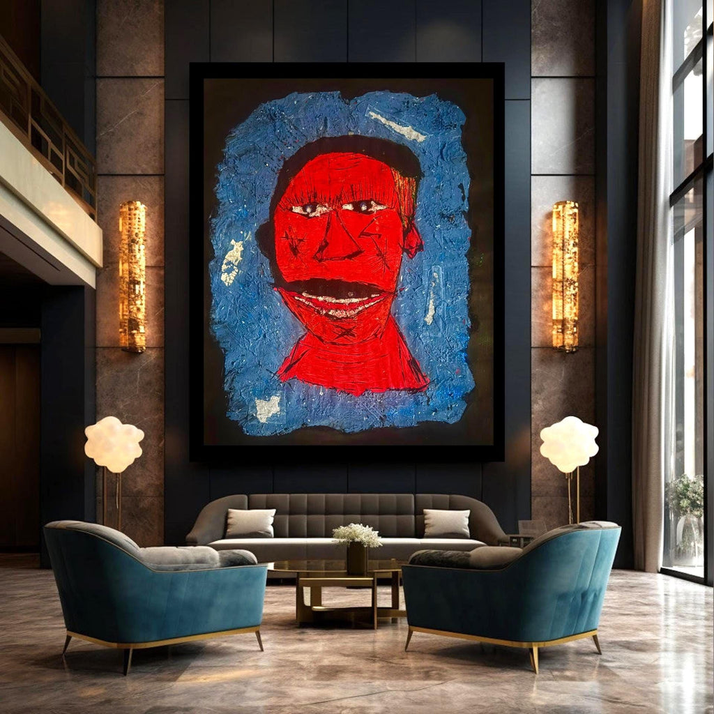 Handmade Abstract Portrait Painting, Red Face Expressionist Art (28x22 inch)