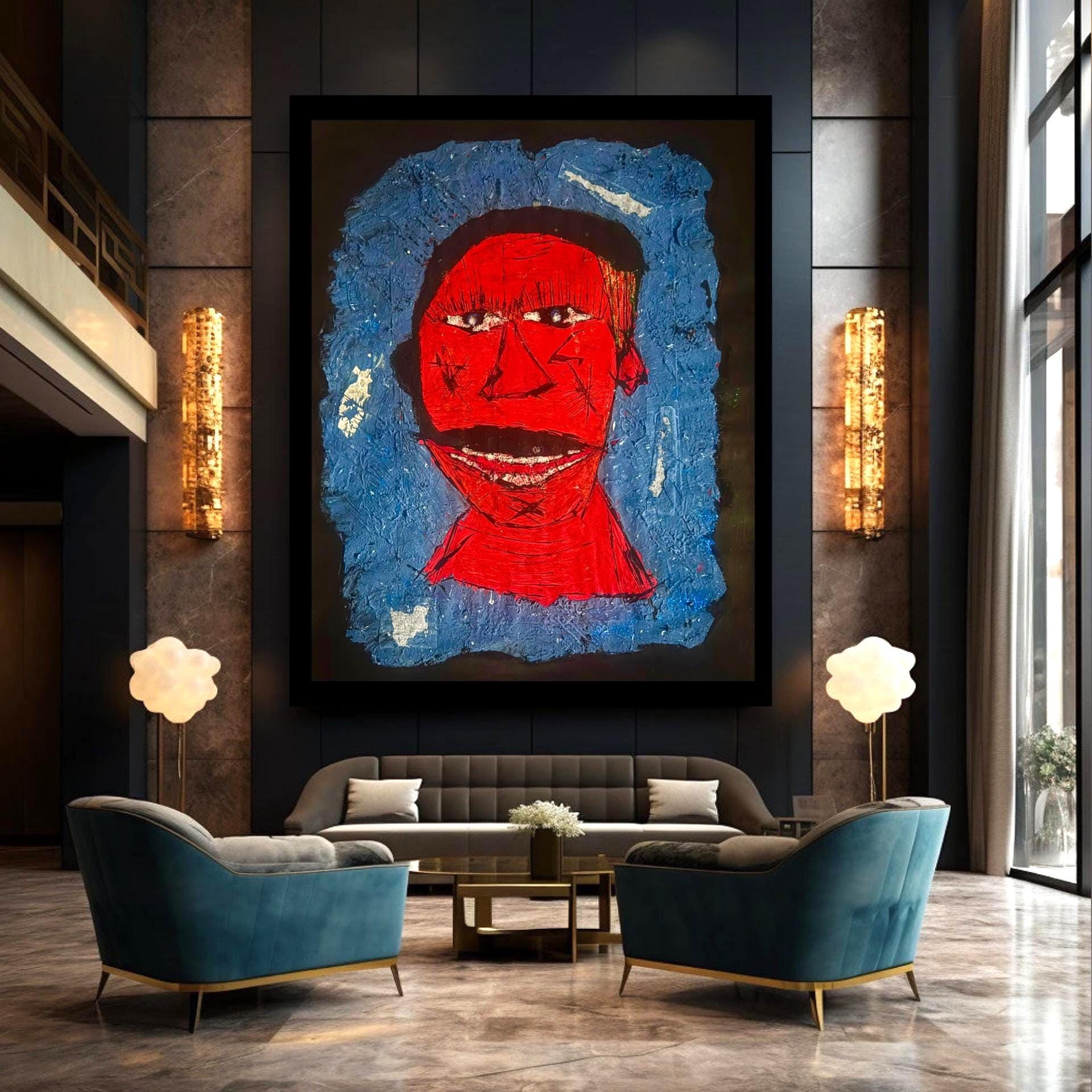 Handmade Abstract Portrait Painting, Red Face Expressionist Art (28x22 inch)