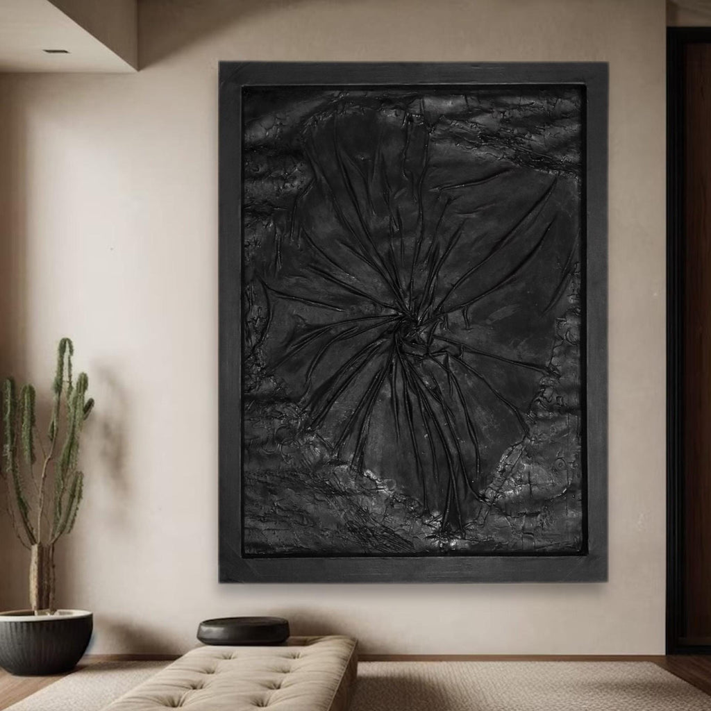 Black Abstract Textured Wall Art, Handmade Modern Art Painting, Dark Minimalist Contemporary Artwork,Framed Statement Piece (24x30 inch)