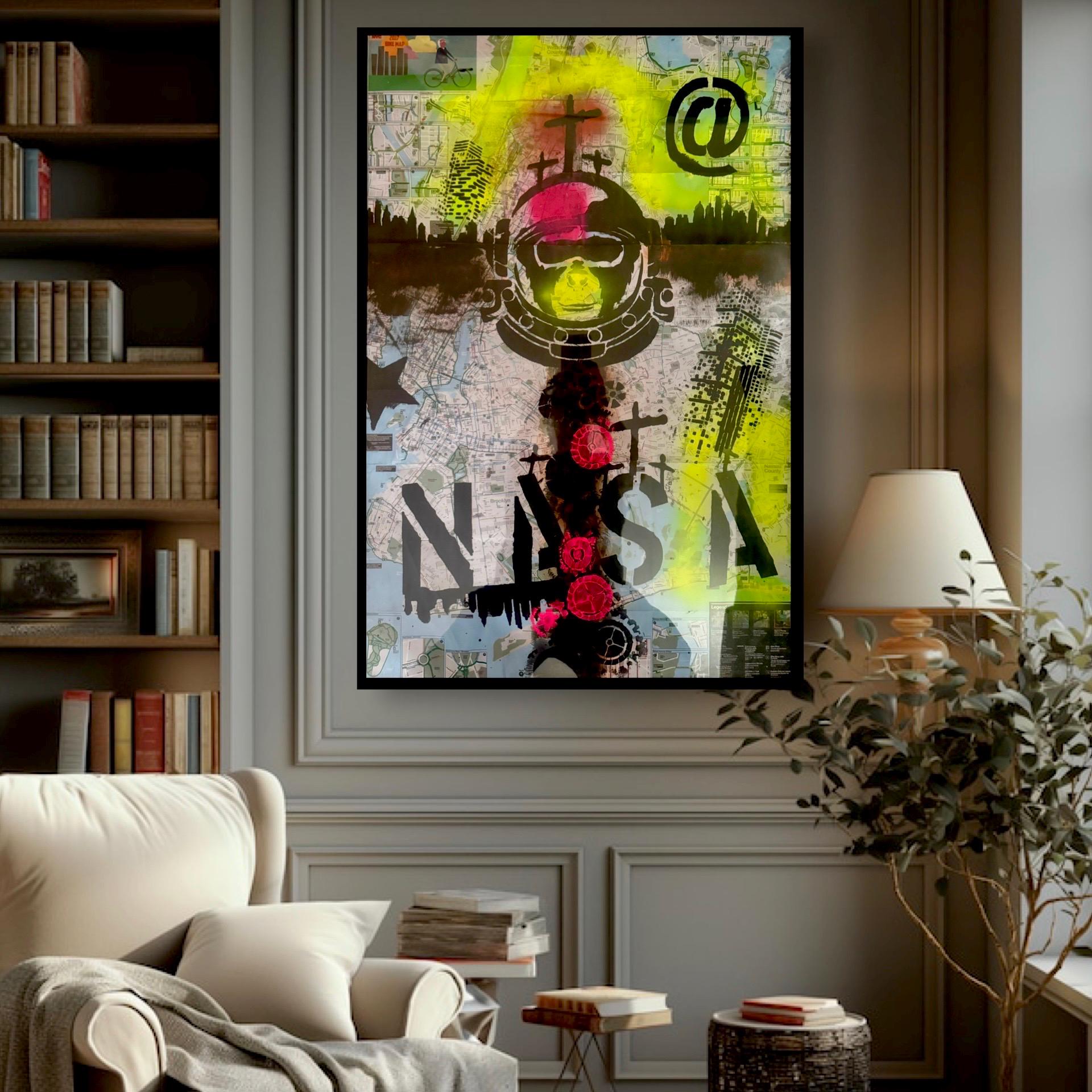 Pop Art NYC Bike Map: Monkey in Space Helmet, Neon Spray Paint, Framed (24x36 inch)