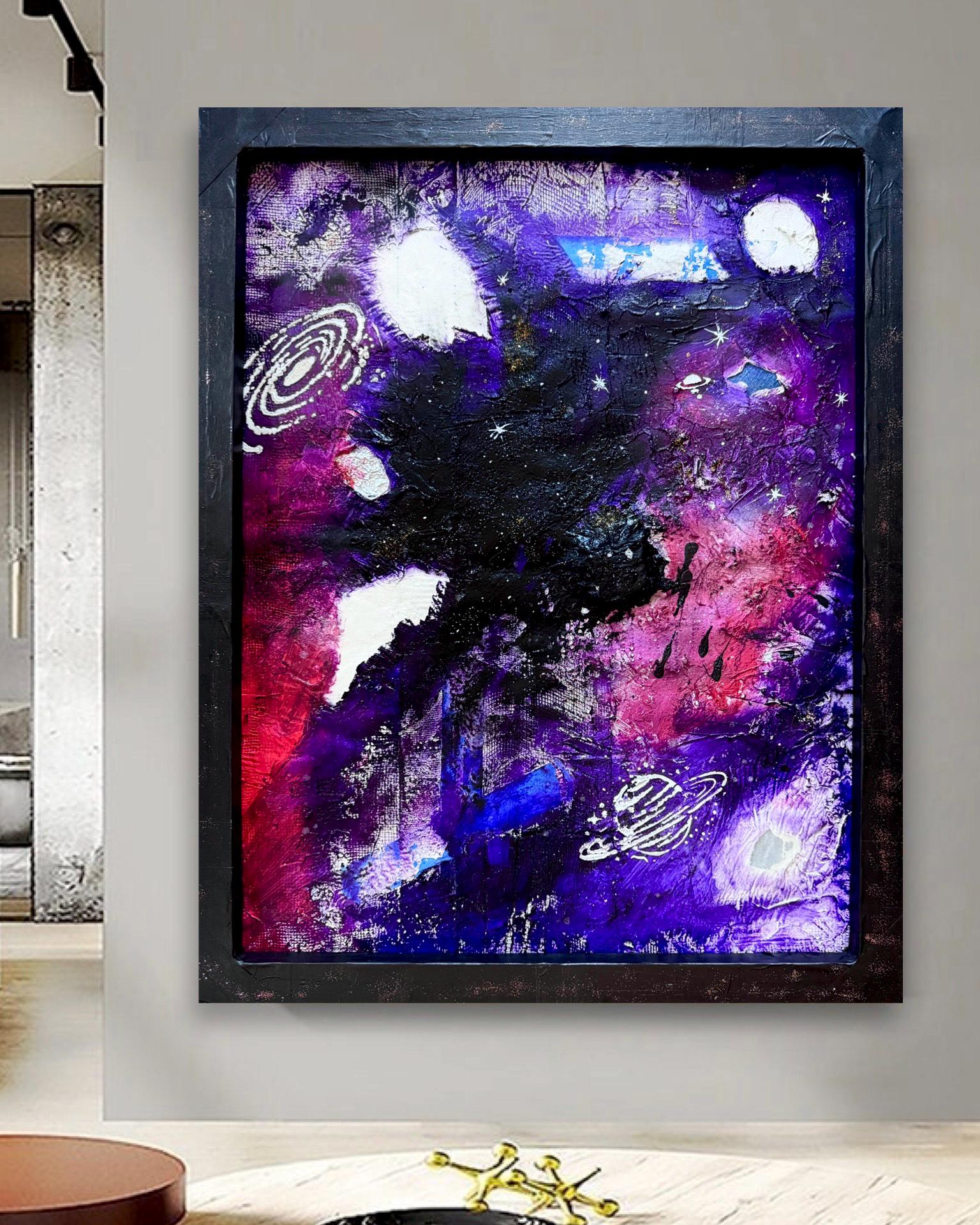 Abstract Cosmic Galaxy Painting, Purple Space Art, Textured Acrylic, Modern Wall Art, Framed Original Artwork (24x30 inch)