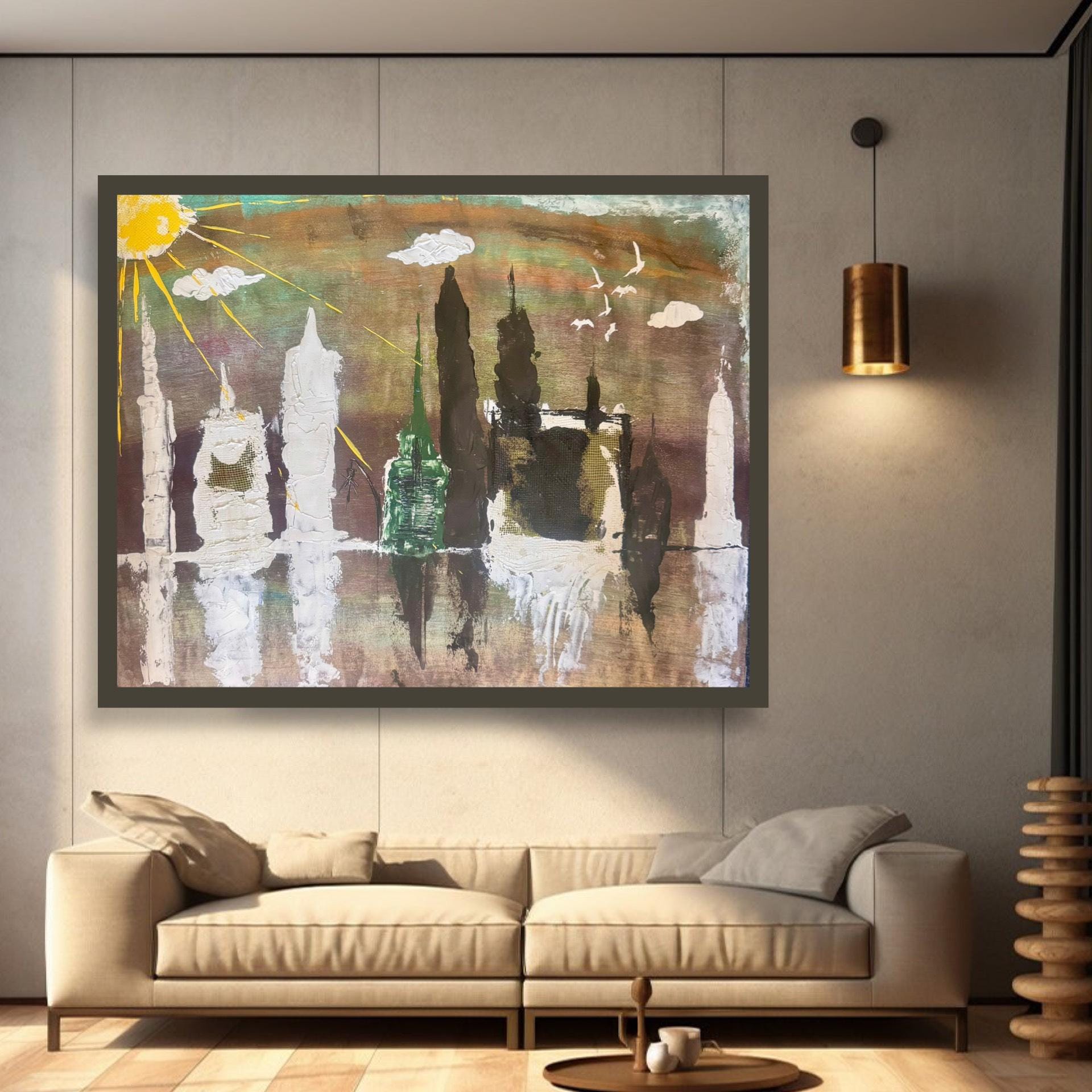 Handmade Abstract Manhattan Skyline Painting, Expressionist Acrylic Art (28x22 inch)