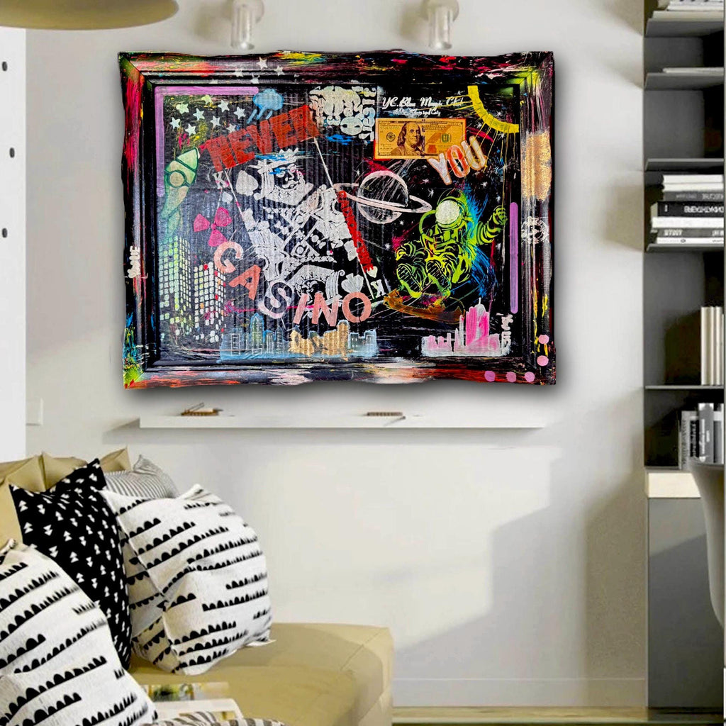 NYC Pop Art Painting: Cosmic Casino, Framed Original Artwork (27x21 inch)