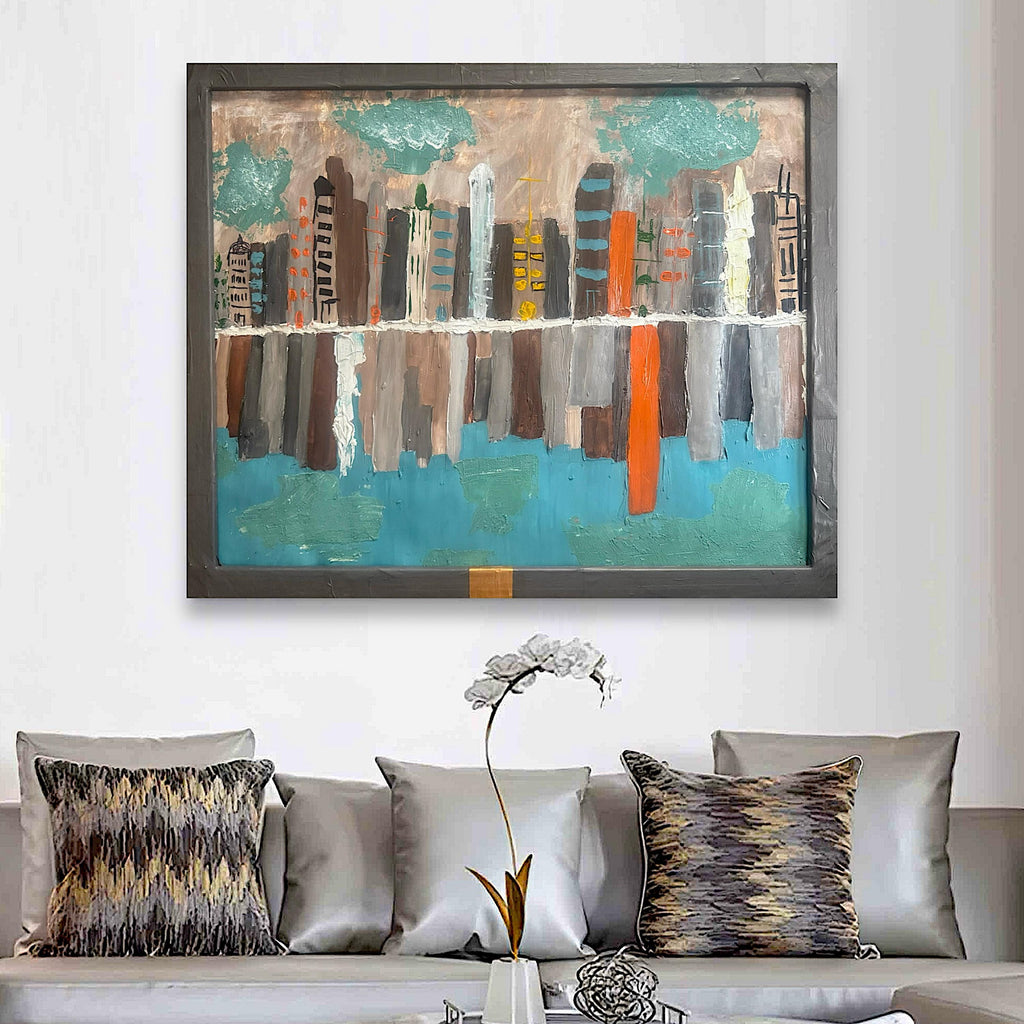 Framed Abstract American City Skyline Painting, Hand Painting Acrylic Texture Art on Reinforced Poster, Modern Wall Art (29x24 inch)