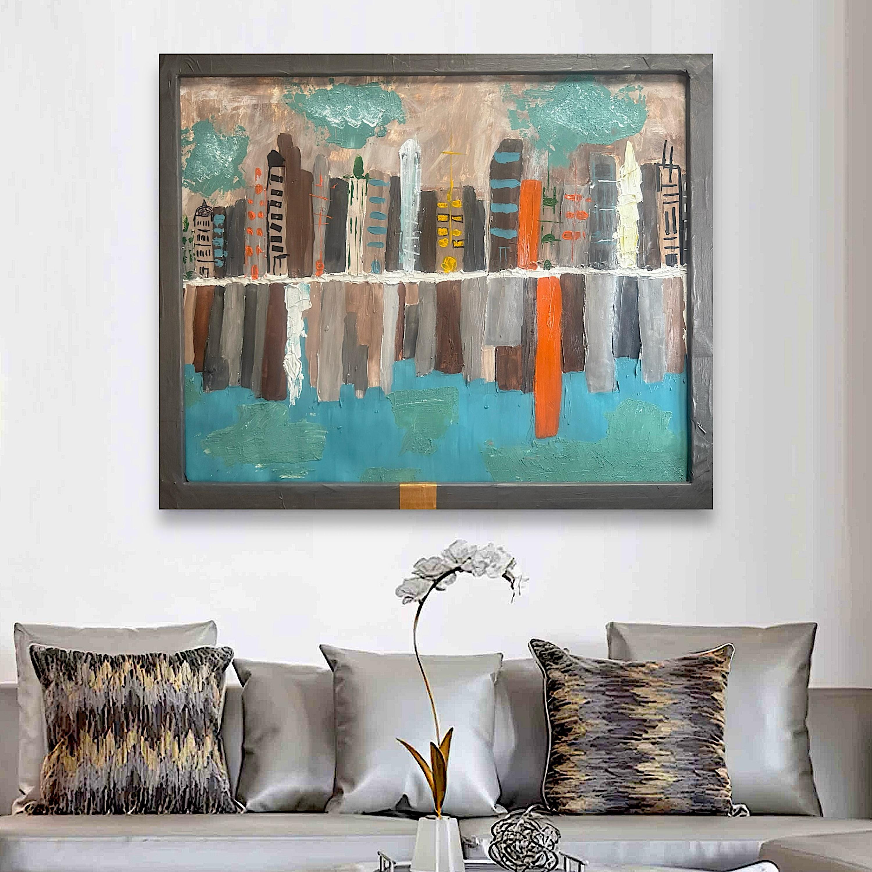 Framed Abstract American City Skyline Painting, Hand Painting Acrylic Texture Art on Reinforced Poster, Modern Wall Art (29x24 inch)