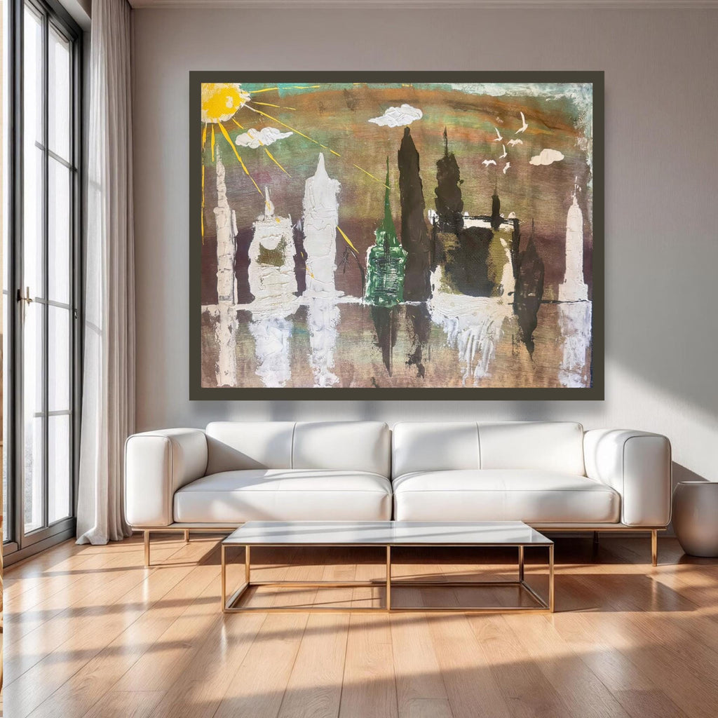 Handmade Abstract Manhattan Skyline Painting, Expressionist Acrylic Art (28x22 inch)