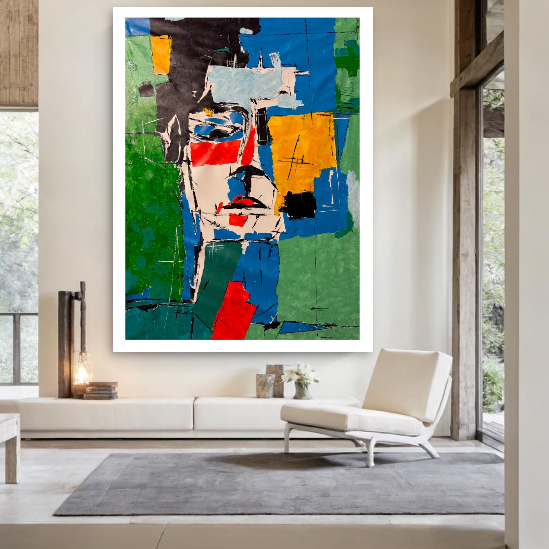 Contemporary Abstract Portrait Painting, Large Colorful Expressionist Face Art, Modern Cubist Canvas Wall Decor 36x48 inch