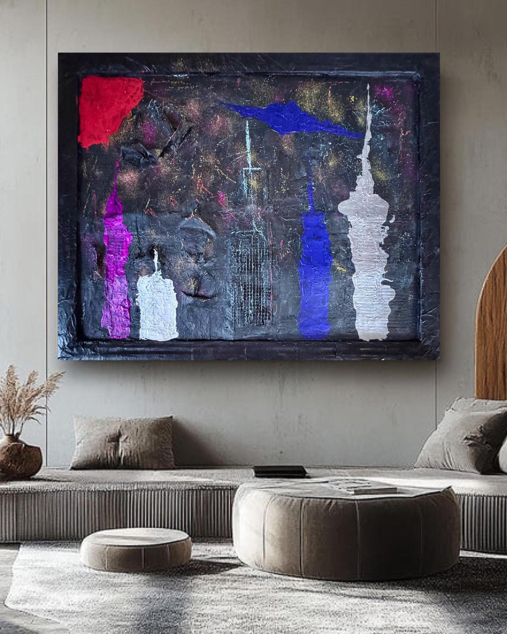 Abstract New York Skyline Mixed Media Art on Wire Mesh, Textured Acrylic Painting, Hand Painted Frame, Contemporary Wall Art(30.5x23.5 inch)