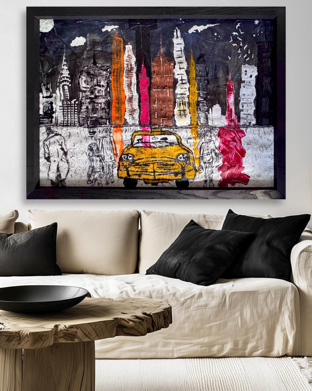 Abstract New York Skyline Art, Manhattan City Painting, Textured Mixed Media Artwork, Framed Contemporary Urban Wall Art (41.5x30 inch)