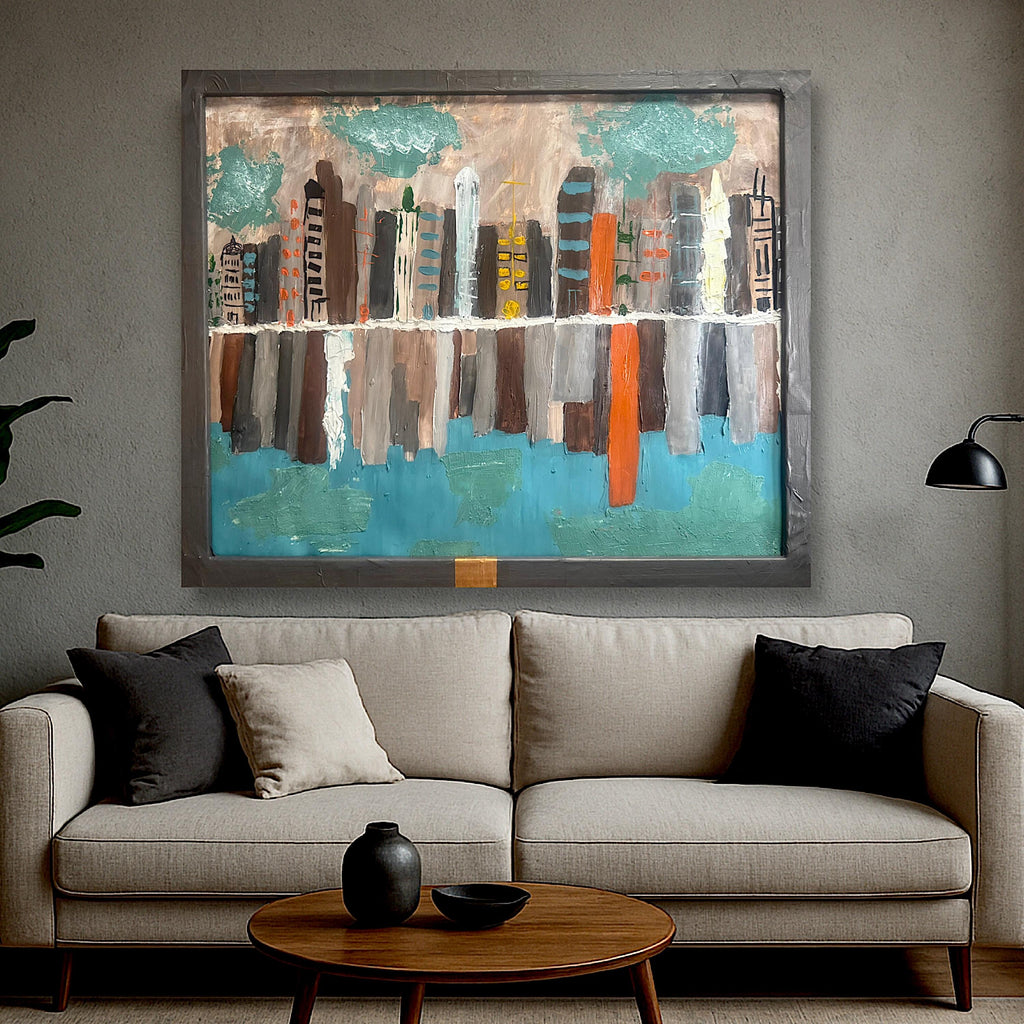 Framed Abstract American City Skyline Painting, Hand Painting Acrylic Texture Art on Reinforced Poster, Modern Wall Art (29x24 inch)