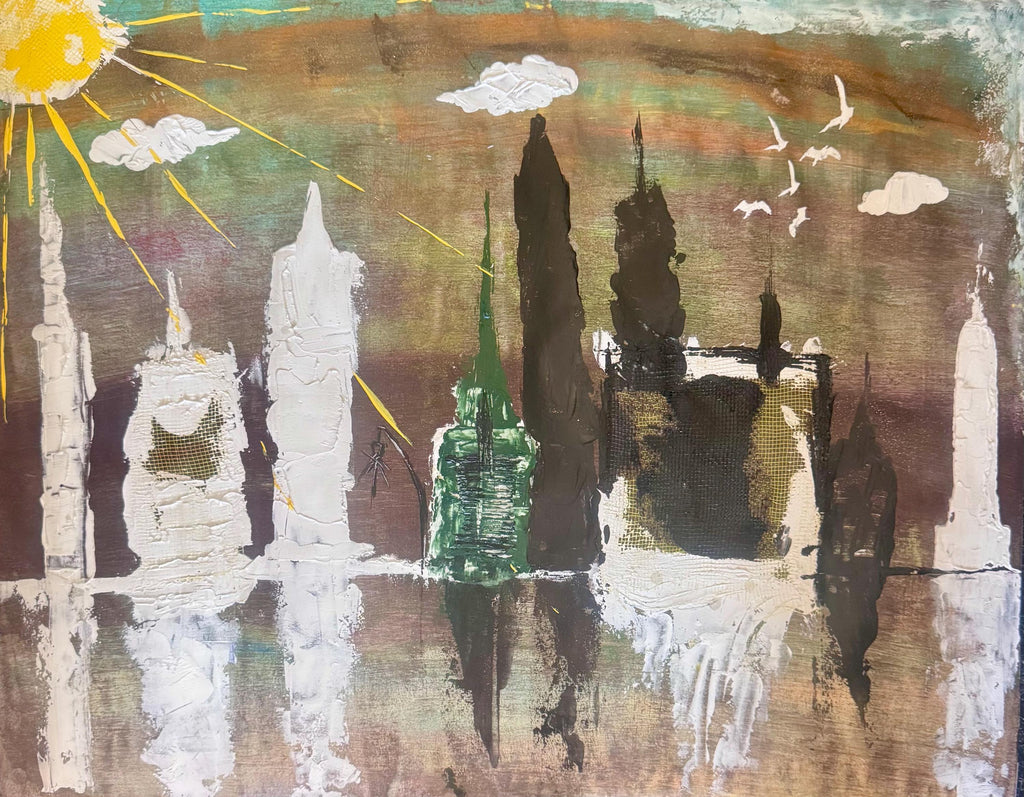 Handmade Abstract Manhattan Skyline Painting, Expressionist Acrylic Art (28x22 inch)