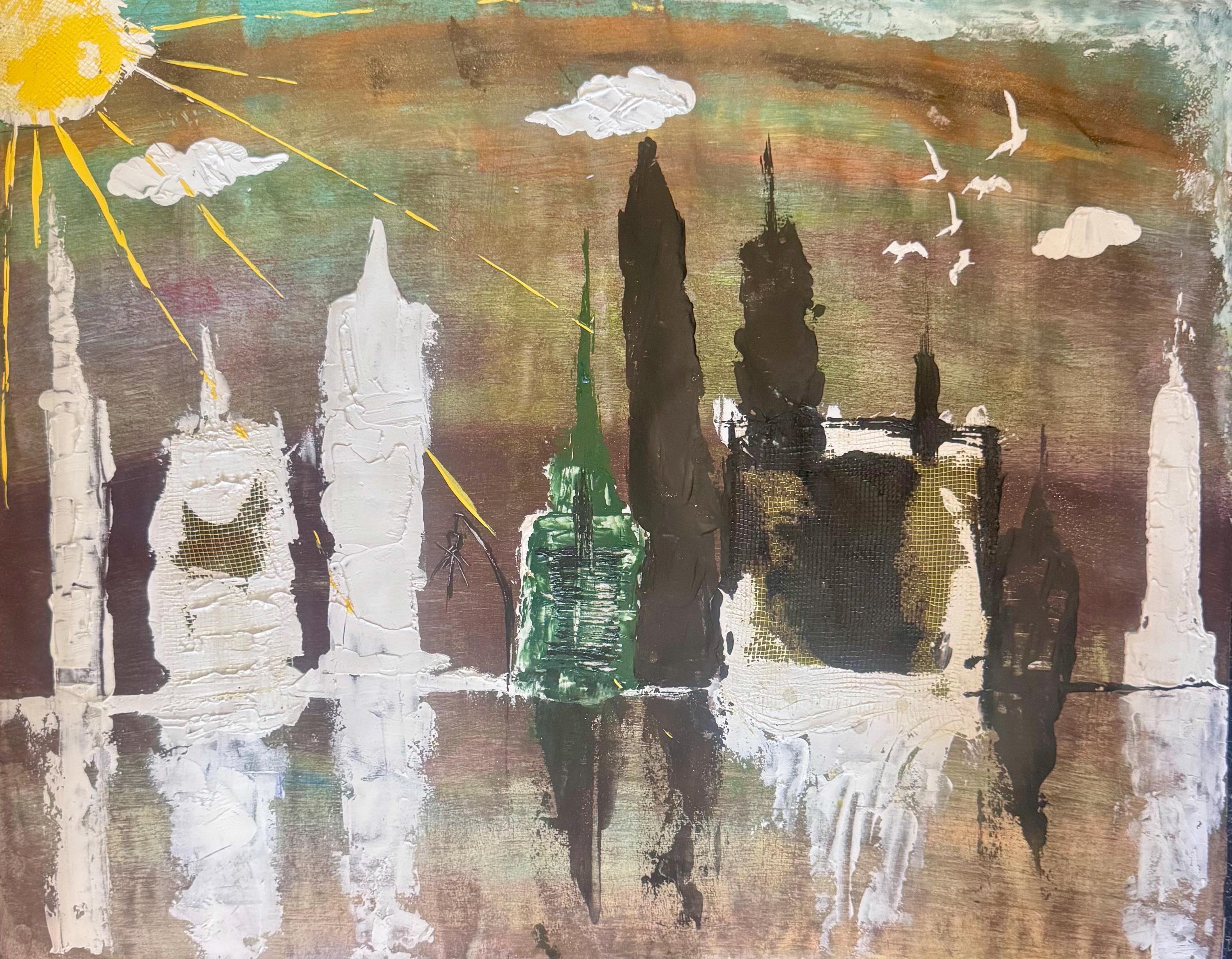 Handmade Abstract Manhattan Skyline Painting, Expressionist Acrylic Art (28x22 inch)