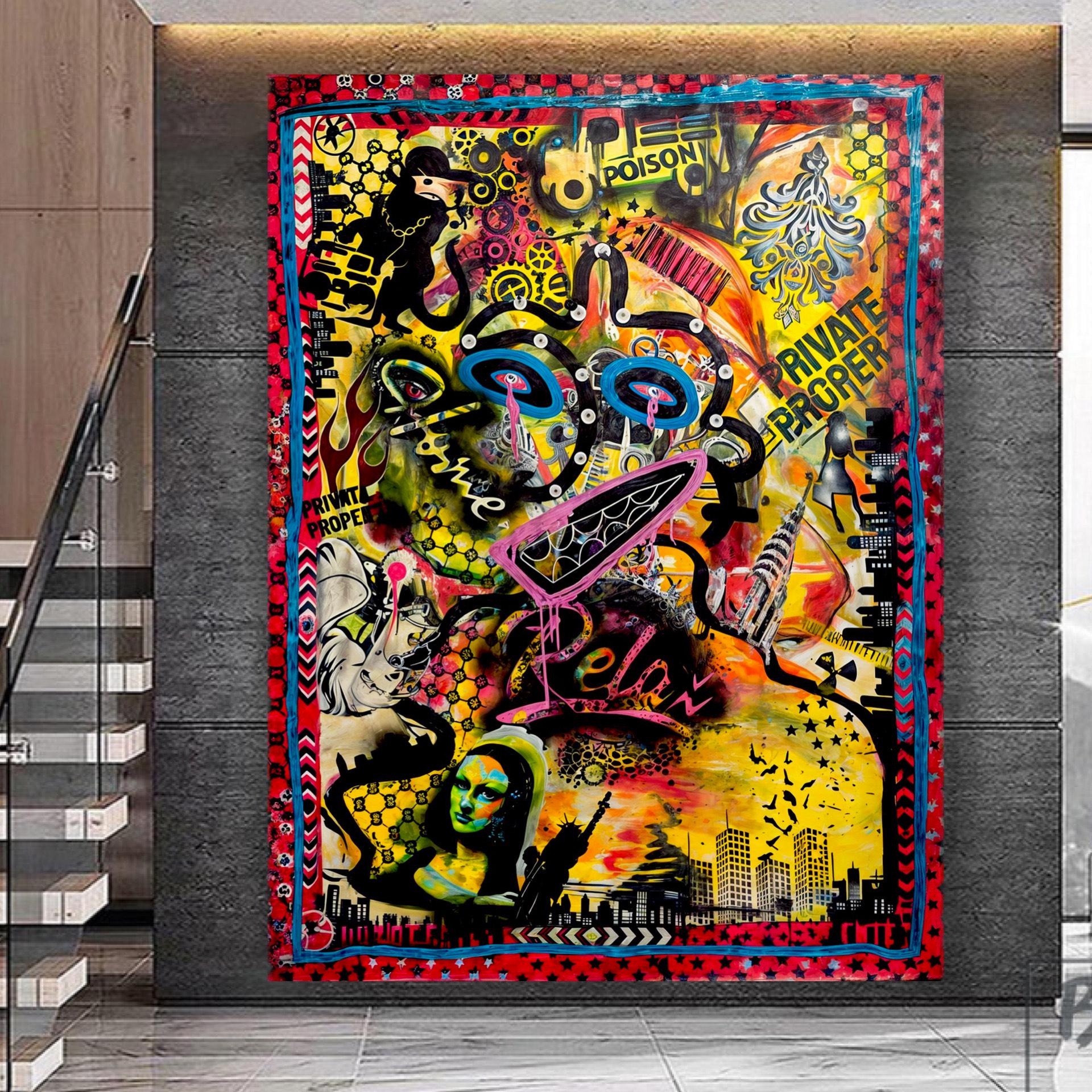 Original Pop Art Painting on Japanese Kraft Paper: Urban Graffiti Mixed Media (41.5x30 inch)